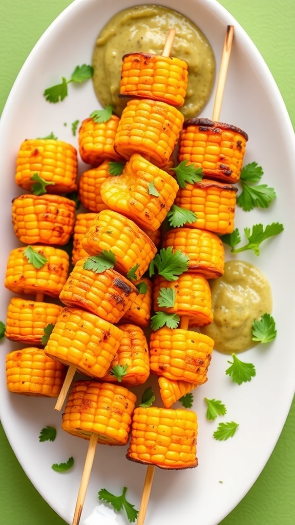 Golden corn kebabs on a plate with mint chutney and cilantro garnish.
